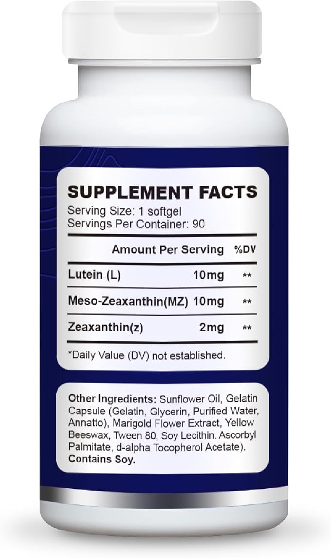 Eye Supplement - Lutein 10mg Meso-Zeaxanthin 10mg Zeaxanthin 2mg - Eye Vitamins Supports Vision Blue Light Protection &amp Macular Health - Natural Antioxidant Formula | 90 Softgels