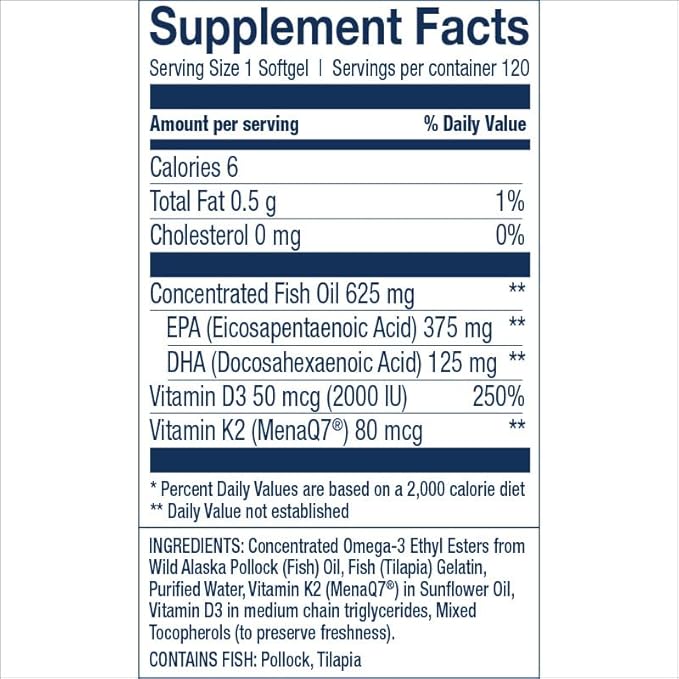Wiley's Finest Wild Alaskan Fish Oil Vitamin K2 &amp D3 Softgels - 500mg of EPA and DHA Omega-3s for Bone and Heart Health Support - 120 Softgels (120 Servings)
