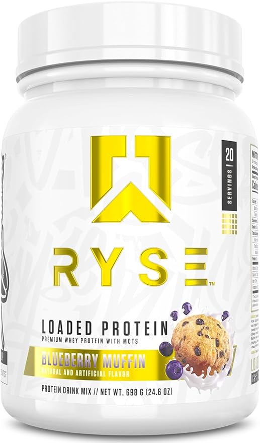 RYSE Loaded Protein Powder - Blueberry Muffin - 25g Whey Protein Isolate &amp Concentrate with Prebiotic Fiber &amp MCTs - Low Carb Low Sugar Digestive-Friendly - 20 Servings / 1.5 lb Tub