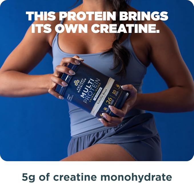 Ancient Nutrition Multi Protein Animal Based Powder + Creatine 26g Protein Grass Fed Whey Bone Broth Collagen Peptides 5g Creatine Monohydrate Colostrum &amp Probiotics Vanilla Bean 15 Servin