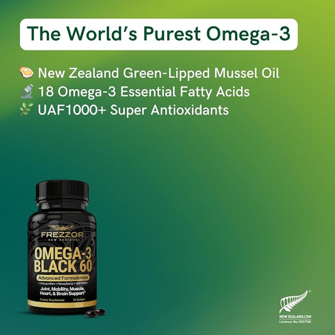 FREZZOR Omega 3 Black Green Lipped Mussel Oil 53x Higher Potency for Superior Joint Comfort &amp Mobility No Fishy Aftertaste 1 Bottle 60 Softgels Plus 1 Bottle of Vitamin D3+K2
