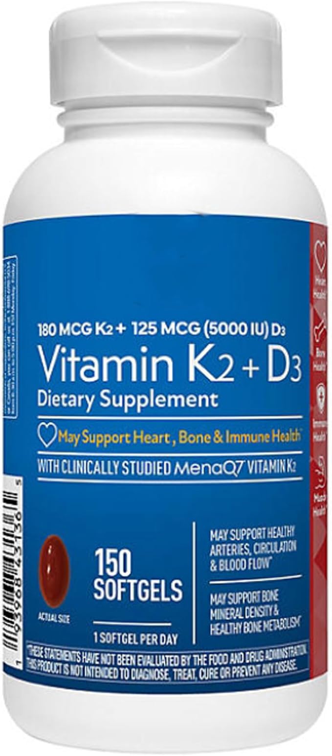 Vitamin K2 + D3 125 mcg (5000 IU) Softgels 150 ct.