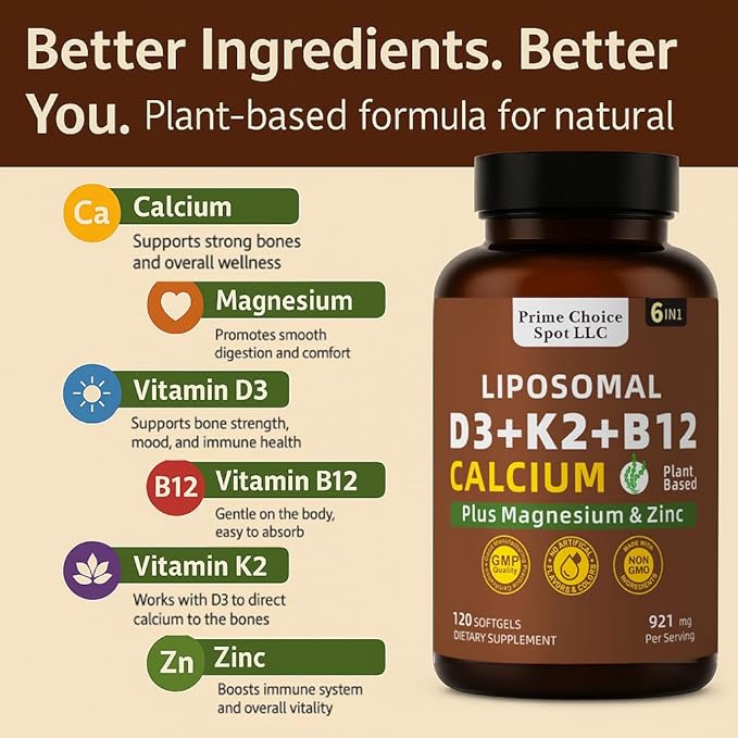 Vitamin D3 K2 B12 with Calcium Magnesium Zinc – 6-in-1 Bone &amp Muscle Support Complex | High Potency D3 5000 IU + K2 MK7 for Calcium Absorption Mobility &amp Energy | Non-GMO 120 Softgels