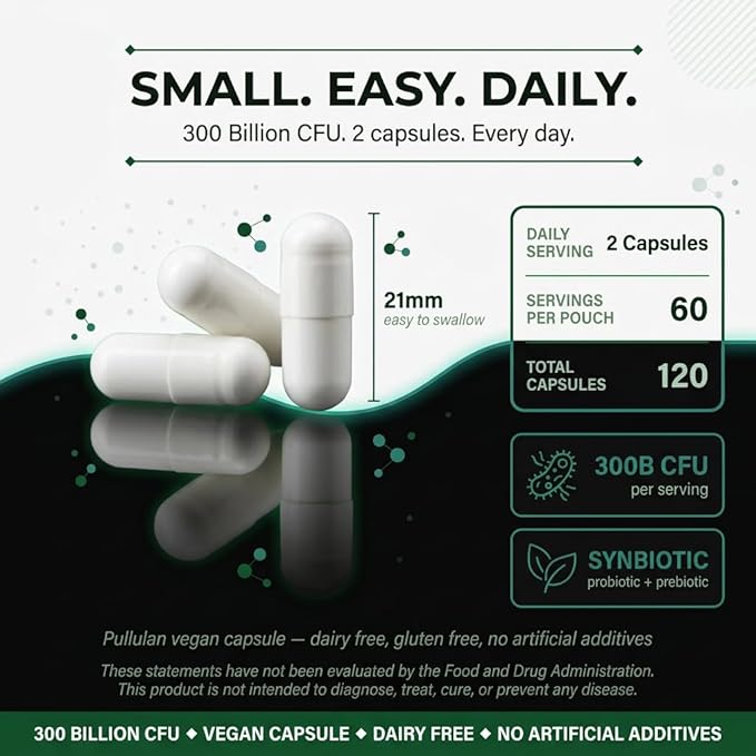 300 Billion CFU Probiotic &amp Prebiotic Supplement Multi-Strain Synbiotic Ultra Formula 120 Vegan Capsules with Digestive Enzymes and Black Pepper Extract