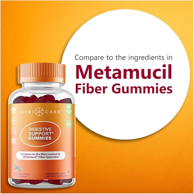 GeriCare Prebiotic Digestive Support Gummies Compare to Metamucil Fiber Gummies Berry Flavor 72 Count Plant-Based Fiber for Gut Health Non-GMO Gluten-Free Vegan Fiber Supplement (2 Pack)