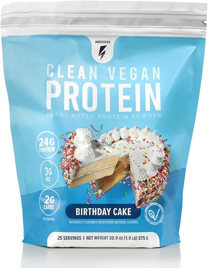 InnoSupps Clean Vegan Protein - Plant Based Vegan No Artificial Sweeteners No Gluten No Dairy. Lactose Free Low Carbs Low Fat No Sugar Added Soy Free Non-GMO (Birthday Cake)