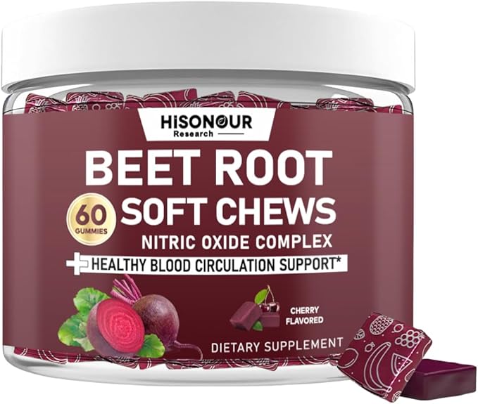 Beetroot Chews Beet Root Soft Chews with Grape Seed Pomegranate Black Pepper Vitamin C B12 Nitric Oxide Supplement for Men &amp Women Cherry Flavor Sugar Free 60 Chews