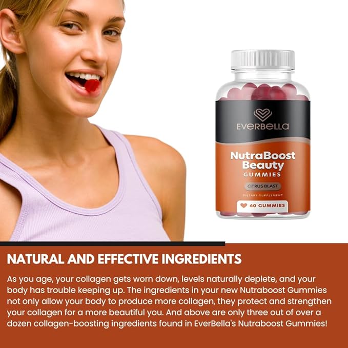 Nutraboost Beauty Gummies Vegan Collagen Booster Biotin Skin Hair and Nails Vitamin A E C Citrus Flavor 30 Day Supply Sugar-free