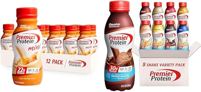 Premier Protein Shake MINIs Caramel 22g Protein 120 Calorie Pack of 12 &amp Protein Shake 8 Flavor Variety Pack 30g Protein 24 Vitamins &amp Minerals