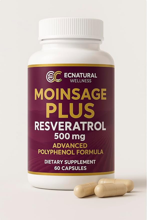 MoinsagePlus Resveratrol 500 mg – Daily Polyphenol Supplement | 60 Vegan Capsules | Plant-Based Ingredients | Allnatural | Gluten Free | Sugar Free | No Artificial Additives | Made in USA