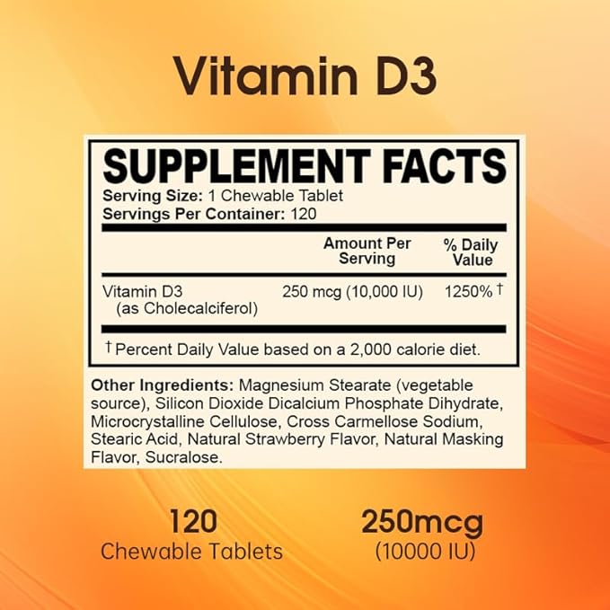 Vitamin D3 10000 IU (250 mcg) - CholecalciferolD3 Supplement Vitamin D 10000 IU - 120 Chewable Tablets