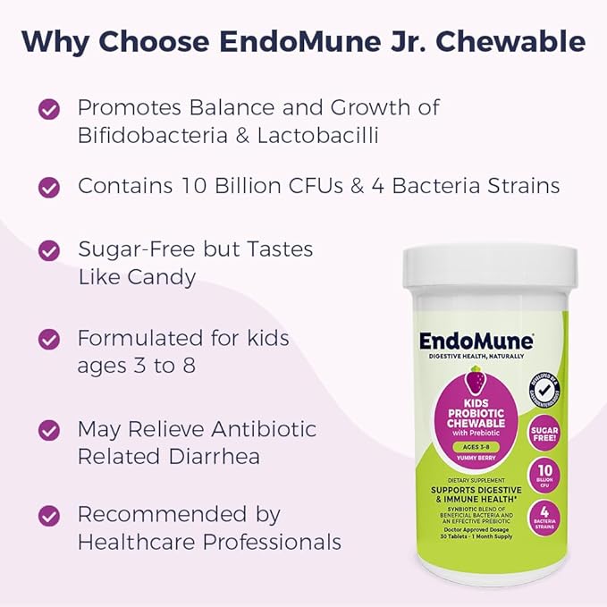 Endomune Jr Advanced Kids Probiotic and Prebiotic Chewables -10 Billion CFUs - 4 Strains Bacteria and FOS Prebiotic - Physician Formulated - 30 Chewable Tablets
