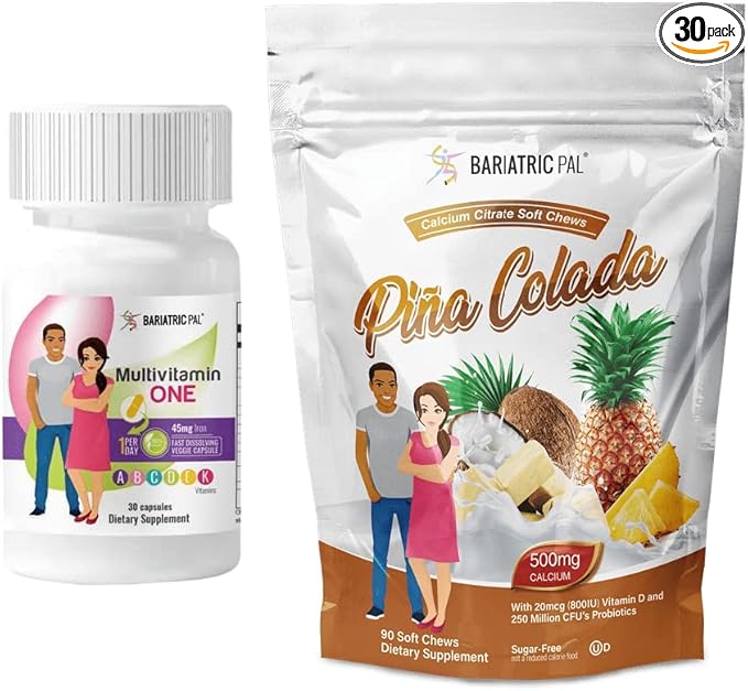BariatricPal 30-Day Bariatric Vitamin Bundle (Multivitamin ONE 1 per Day! Capsule with 45mg Iron and Calcium Citrate Soft Chews 500mg with Probiotics - Piña Colada)