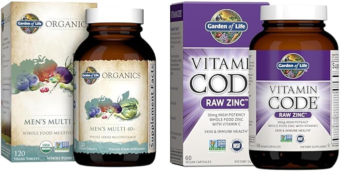 Garden of Life Men's 40+ Organic Multivitamin 120 Tablets and Zinc 30mg Immune Support 60 Capsules Bundle