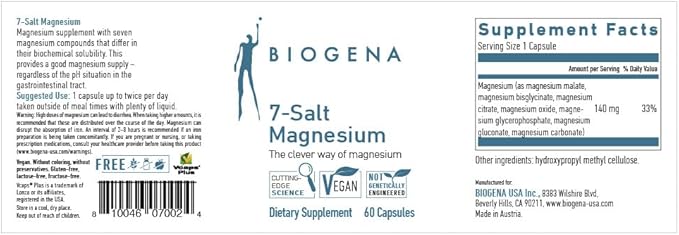 Biogena 7-Salt Magnesium Complex - Magnesium Supplement with 7 Magnesium Forms - bisglycinate Malate Citrate Oxide glycerophosphate gluconate and Carbonate I High Absorption