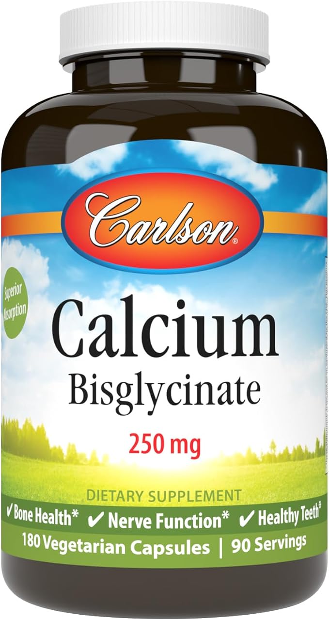Carlson – Calcium Bisglycinate 250 mg Calcium for High Absorption Supports Healthy Bones and Teeth Gentle on Stomach Promotes Muscle Function 180 Count