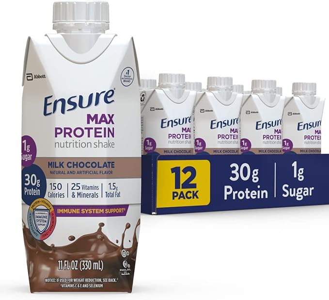Ensure COMPLETE Nutrition Shake &amp Max Protein Nutrition Shake with 30g of Protein 1g of Sugar High Protein Shake Milk Chocolate 11 Fl Oz (Pack of 12) Liquid Halal