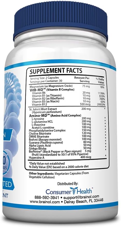Fungavir Brainol - Targeted Brain Support Supplement - B Vitamins Magnesium Amino Acids St. John's Wort Phosphatidylserine Ginkgo Biloba - Vegan-Friendly - 60 Capsules - 1 Month Supply