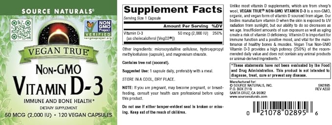 Source Naturals Vegan True Non-GMO Vitamin D-3 Dietary Supplement for Immune and Bone Health* 2000 IU - 90 Capsules