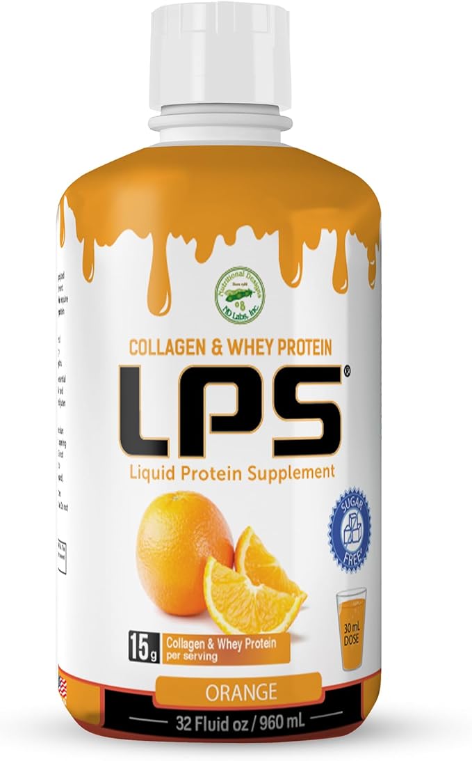 LPS Liquid Collagen &amp Whey Protein Supplement - Sugar-Free Dye-Free Non-GMO Drink - Hydrolyzed Collagen &amp Whey Peptides Promotes Healthy Skin &amp Hair for Men &amp Women Orange 32 fl oz