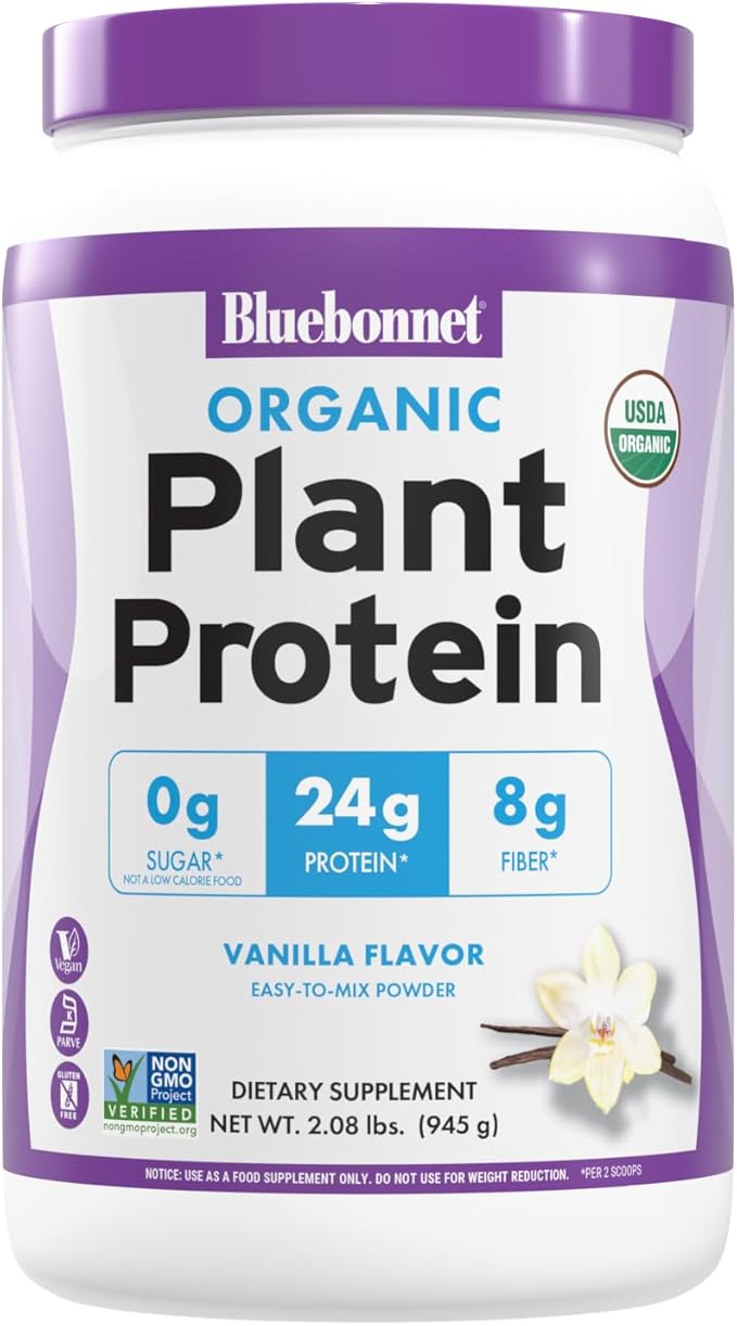 BlueBonnet Nutrition Organic Plant Protein Powder 24g Plant Based Protein Zero Sugar 8g Fiber USDA Organic Non-GMO Kosher Gluten-Free Soy-Free Vegan Vanilla Flavor 21 Servings 2.08 lbs