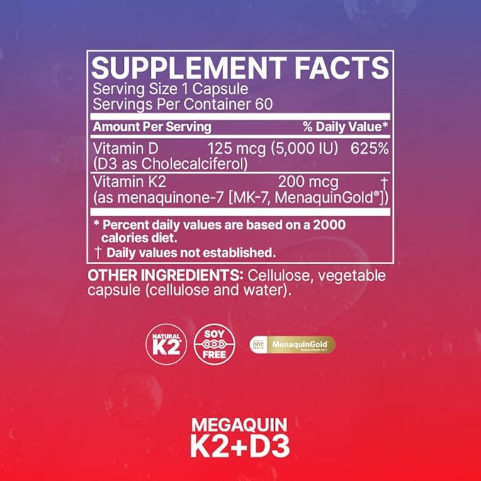Microbiome Labs MegaQuin D3 + K2 - High Potency Vitamin D3 K2 Supplement - Bioactive &amp Bioavailable - Vitamin D3 5000 iu &amp MK-7 - Support Bone Heart Nerve &amp Immune Health (60 Capsules)