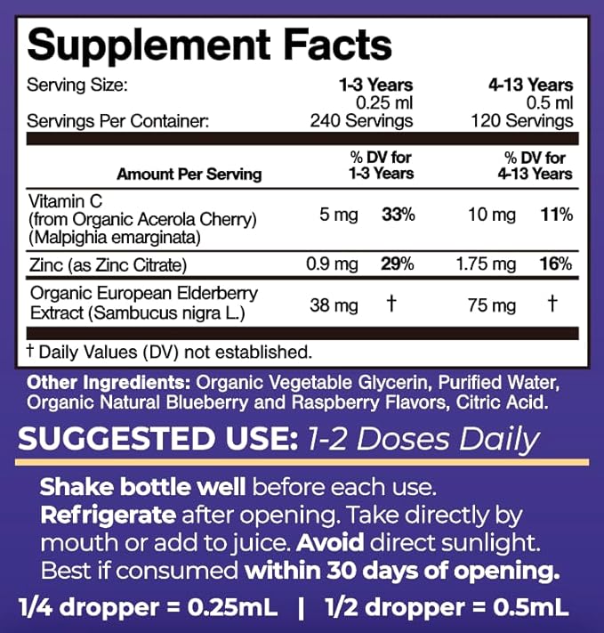 Tropical Oasis USDA Organic Liquid Vitamin Drops with Elderberry Vitamin C and Zinc for Toddlers &amp Kids | Sugar Free | Vegan | Non-GMO | 2 Fl Oz
