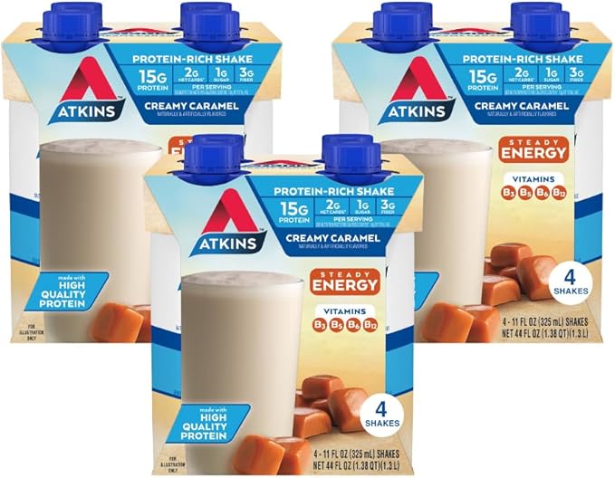 Atkins Vanilla Cream Meal Size Protein Shake 23g Protein Low Glycemic 3g Carb 1g Sugar &amp Energy Shake Creamy Caramel with B Vitamins and Protein. Keto-Friendly and Gluten Free 4 Count(Pack of