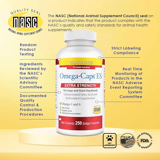 Omega-Caps Extra Strength for Large Breeds-Vet Formulated for Healthy Radiant Skin &amp Coat While Reducing Shedding. Contains Omega 3 for Immune System Support Easy to Dose 1000 Soft Gel Capsules