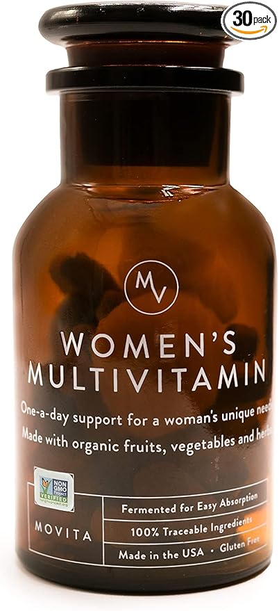 Movita Women’s Daily Multivitamin - Organic Fermented Whole Foods for Enhanced Energy Immunity &amp Vitality - Vegan Gluten-Free Non-GMO - 30-Day Supply (Glass Bottle)