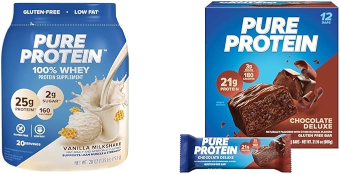 Pure Protein Powder Whey High Protein Low Sugar Gluten Free Vanilla Cream 1.75 lbs &amp Bars High Protein Nutritious Snacks to Support Energy Low Sugar Gluten Free