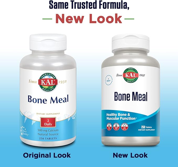 KAL Bone Meal Tablets Calcium Supplement w/Magnesium Vitamin D3 and K Bone Health Muscle and Nerve Function Support Rapid Disintegration Gluten Free Non-GMO 60-Day Guarantee 125 Serv 250ct