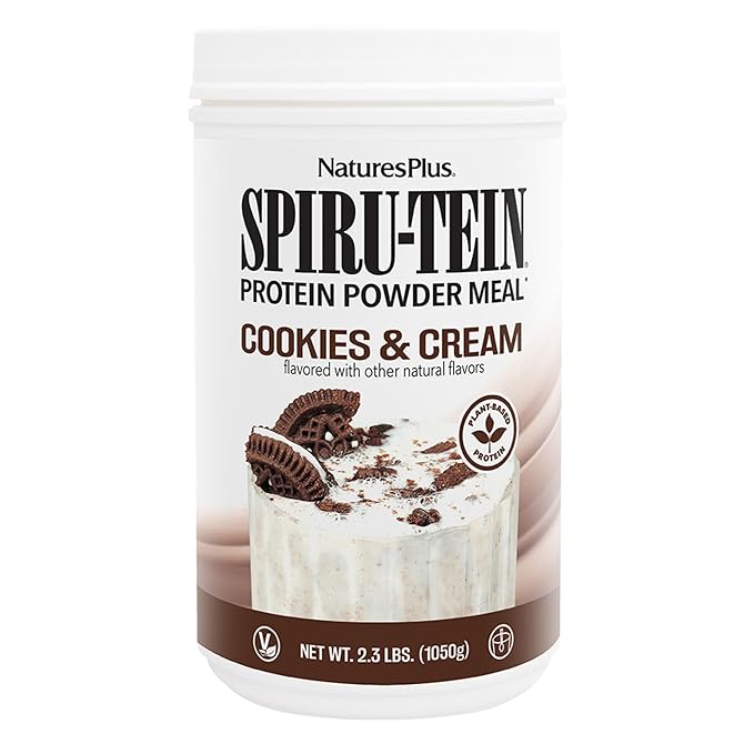 NaturesPlus SPIRU-TEIN Cookies &amp Cream - 2.3 lbs - Plant-Based Protein Shake - Non-GMO Vegetarian Gluten Free - 30 Servings