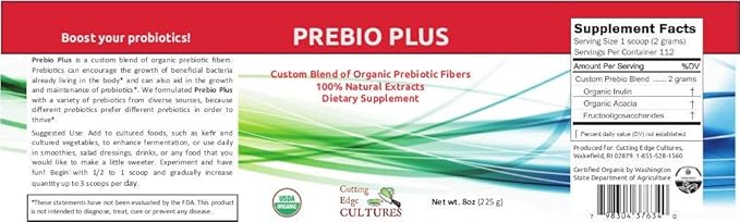 Cutting Edge Cultures Prebio Plus Prebiotic Fiber Powder Best Custom Blend of Organic Prebiotic Fibers Dietary Supplement 8 oz