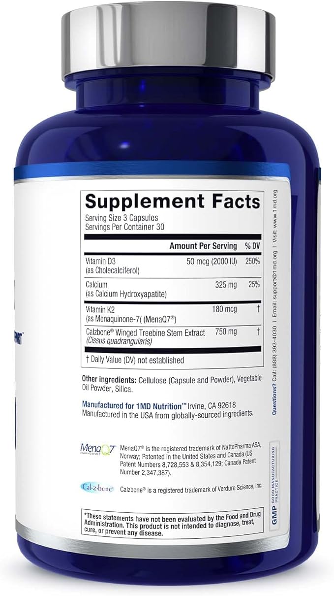 1MD Nutrition OsteoMD for Comprehensive Bone Support | with Calcium Hydroxyapatite Vitamin D3 &amp K2 | 180 Capsules (2-Pack)