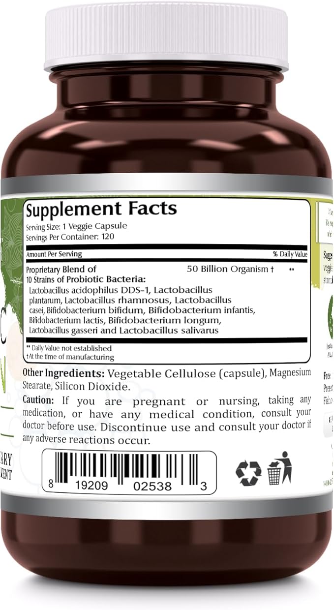 Probiotic 50 Billion with 10 Probiotics Strains Supplement | Veggie Capsules | Non-GMO | Gluten-Free | Made in USA (120 Count 1 Pack)