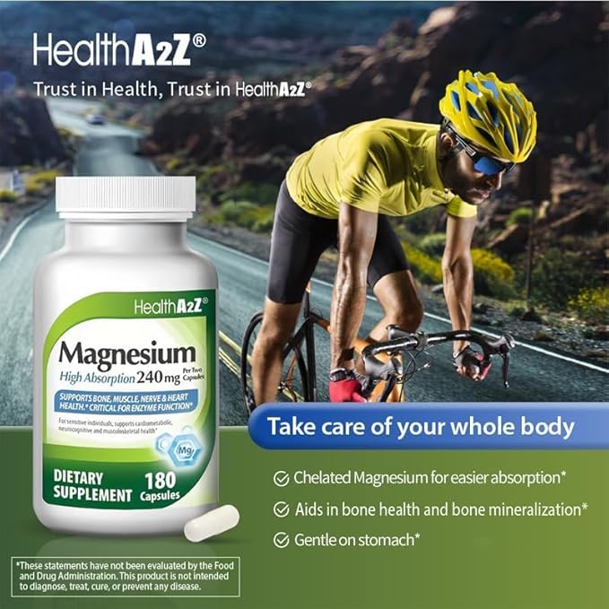 HealthA2Z® Magnesium Glycinate 240 mg - 180 Capsules Supports Daytime Energy Nighttime Restful Sleep Stress Relief Mood Balance Bone &amp Muscle Health and Natural Beauty - High Absorption Form