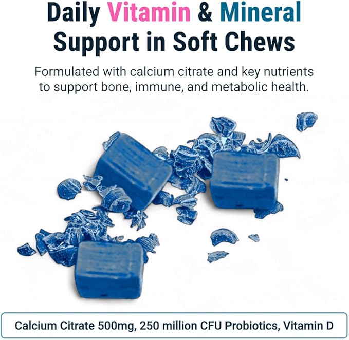 BariatricPal Sugar-Free Calcium Citrate Soft Chews | 500mg with Vitamin D &amp Probiotics | Blue Raspberry | 90 Count (1 Month Supply)