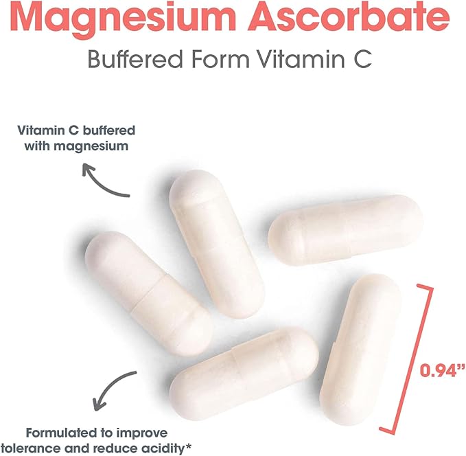 Allergy Research Group Magnesium Ascorbate Supplement - 1000mg Buffered Vitamin C Immune Support Magnesium Powder Vegetarian Capsules - 100 Count
