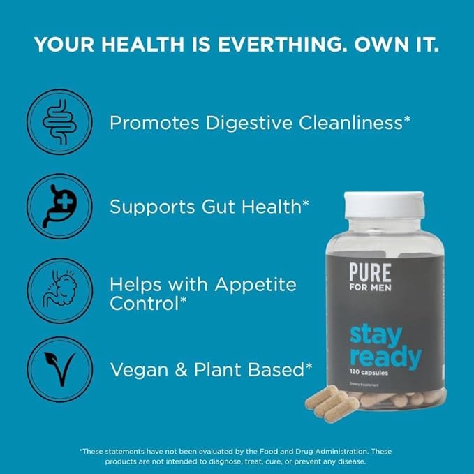Pure for Men Original Vegan Cleanliness Stay Ready Fiber Supplement | Helps Promote Digestive Regularity | Psyllium Husk Aloe Vera Chia Seeds Flaxseeds | Proprietary Formula | 120 Vegan Capsules
