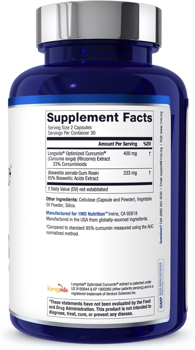 1MD Nutrition CurcuminMD Plus - Turmeric Curcumin with Boswellia Serrata - 285x More Absorbable | Joint Stiffness Muscle Recovery and Mood Support | 120 Capsules (2-Pack)