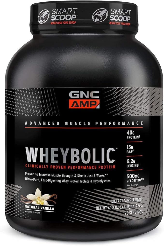 GNC AMP Wheybolic Clinically Proven Protein Powder 40g Whey Protein BCAA Leucine Increases Muscle Strength Muscle Building 3rd Party Tested Gluten Free Natural Vanilla 25 Servings