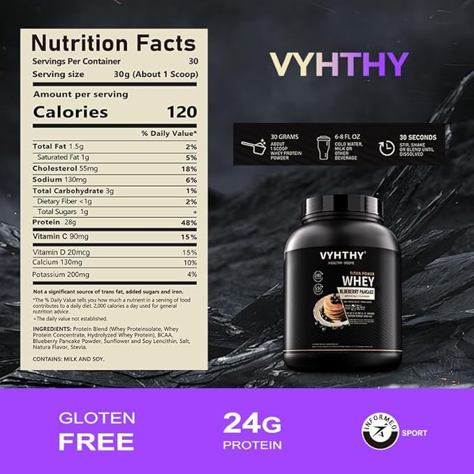 Blueberry Pancakes Flavored Whey Protein Powder24g Protein per Serving Fast-Absorbing Concentrated whey Protein Low Sugar Gluten-Free Natural Flavor 2 lbs/32 oz.