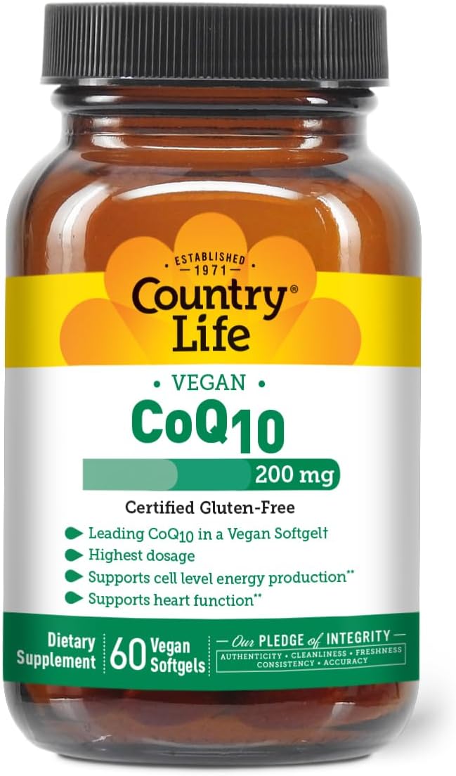 Country Life Simply CoQ10 200mg – Supports Heart Function &amp Cellular Energy Vegan Softgels Certified Gluten-Free Non-GMO 60 ct – Cardiovascular Health Supplement