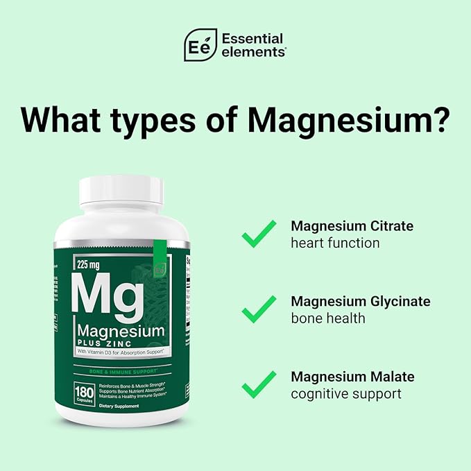 Essential Elements Magnesium Plus Zinc with Vitamin D3 - Scientifically Formulated Heart Bone &amp Muscle Support - 225mg Triple-Strength Magnesium Complex with Glycinate Malate Citrate - 540 Cou