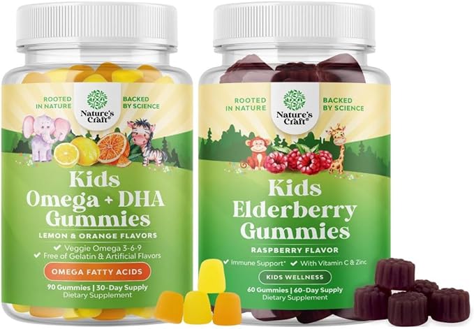 Bundle of Kids DHA Omega 3 Gummies - Fish Free with Vegetarian 6 9 for Vision Brain &amp Immunity and Sambucus Elderberry Gummies for Kids - Black Elderberry with Zinc &amp Vitamin C for Immune Supp
