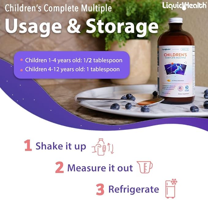 LIQUIDHEALTH Children's Complete Liquid Multivitamin for Kids Toddlers - Essential Vitamins Nutrients &amp Minerals Immune Support Gut Health - Made in USA Vegan Non GMO Sugar-Free (16 oz)