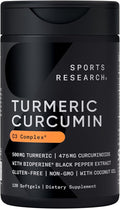 Sports Research® Turmeric Curcumin C3 Complex® w/BioPerine Black Pepper Extract &amp Organic Coconut Oil - Standardized 95% Curcuminoids · Non-GMO · Gluten Free - 120 Count Softgels
