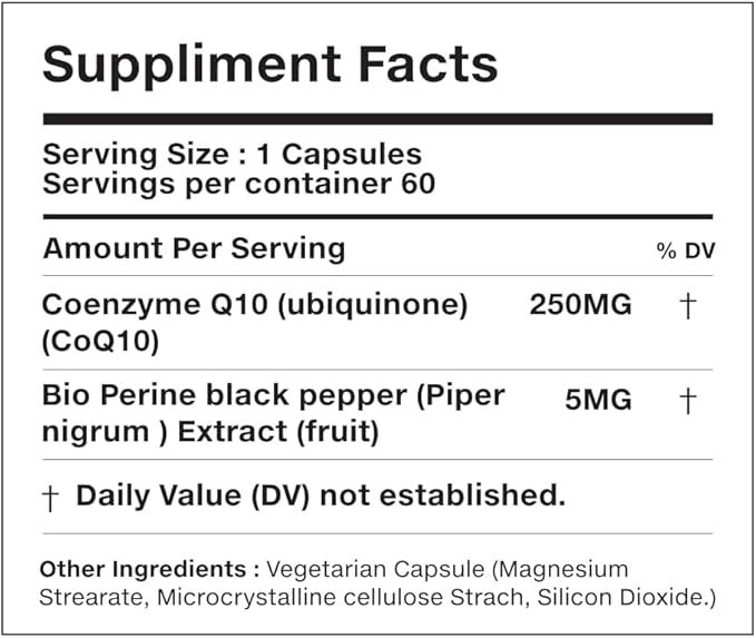 CoQ10 with BioPerine® 250 mg | 60 Vegan Capsules | Coenzyme Q10 + Black Pepper Extract