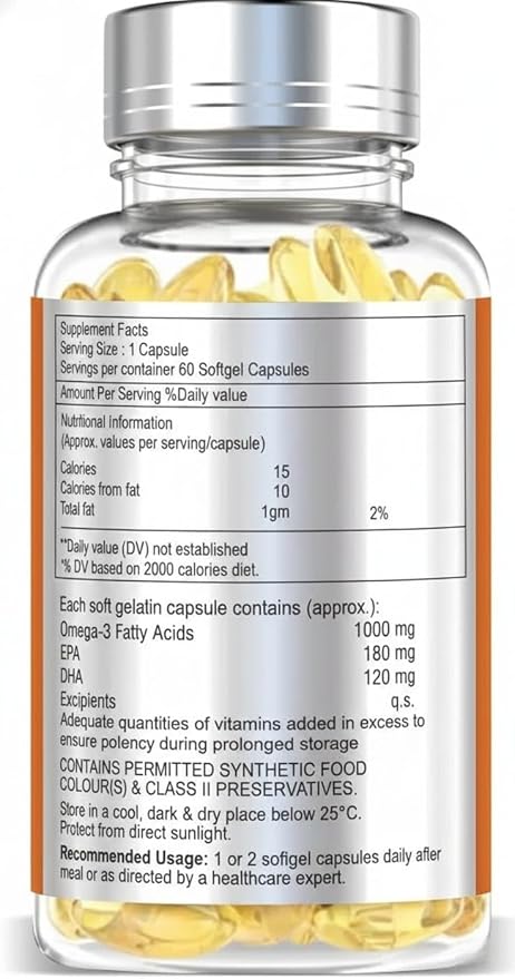 Naturix Omega 3 1000mg Salmon Fish Oil Capsules for Men &amp Women | 180mg EPA &amp 120mg DHA | No Fishy Burps | Supports Healthy Heart - 60 Softgels | Pack of 1